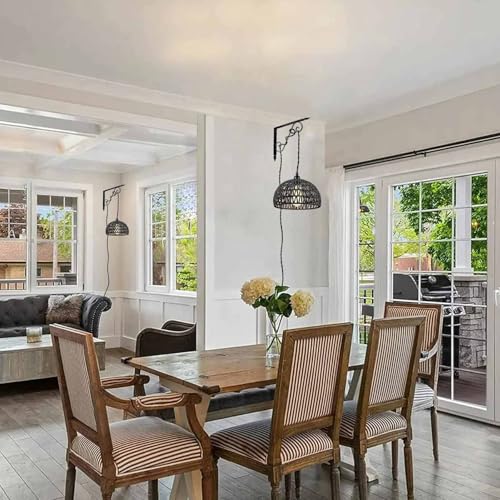 Lighting fixtures, 1-Light Pendant Light,Boho Black Woven Rattan Basket with Twist Hemp Hanging Cord Plug in Coastal Pendant Lamp for Dining Living Room Kitchen Island Foyer Bedroom Hallway