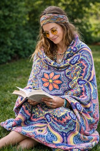 Decorative Luxury Floral Fleece Throw Blanket: Mandala Bohemian Boho Botanical Paisley Damask Velvety Soft, Bright Shades of Purple Pink Yellow White Durable Plush Accent for Bed or Couch, 50" x 70"