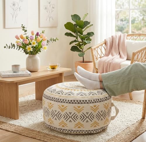 MOCOFO Unstuffed Round Pouf Cover, Boho Geometric Ottoman Footstool Cover with Handle, Decorative Floor Pillow & Storage Bean Bag for Living Room, Nursery, Patio (Yellow,18x18x8) - color: Yellow