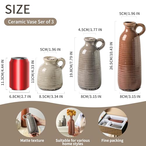 Ceramic Vases Set of 3, Neutral Rustic Farmhouse Vase with Handle, Decorative Flower Vases Home Decor Modern Boho Pampass Vase for Table Mantel Entryway Shelf Living Room Kitchen Bathroom - Brown - color: 010 Vase Set With Handle - Brown
