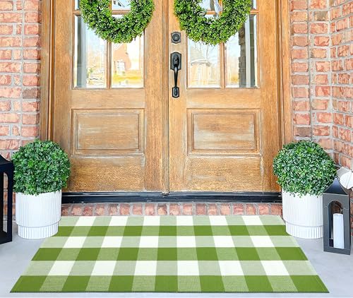 2x4 Outdoor Rug,Green and White Buffalo Plaid Rug Cotton Woven Machine Washable Outdoor Front Door Mat for Indoor Outdoor Front Porch,Entryway,Entrance - color: Green White, size: 2' x 4'3" (Rectangular)