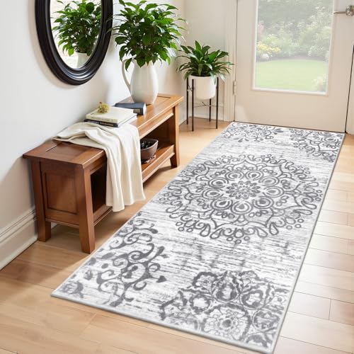 HEBE Washable Area Rug - 3'x6' Non Slip Soft Distressed Medallion Bedroom & Living Room Accent Throw Vintage Entry Floor Carpet for Dining Room & Bathroom Entryway - color: Grey, size: 3' x 6' (Rectangular)