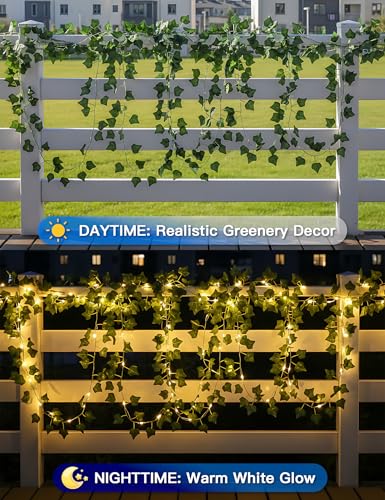 suddus Solar Ivy String Lights Outdoor Waterproof, 33Ft 100 LED Fake Vines with Lights, Artificial Greenery Leaf Fairy Light for Privacy Fence, Wall, Patio, Garden, Balcony Decor (Warm White) - color: Ivy, size: 33Ft*1pack