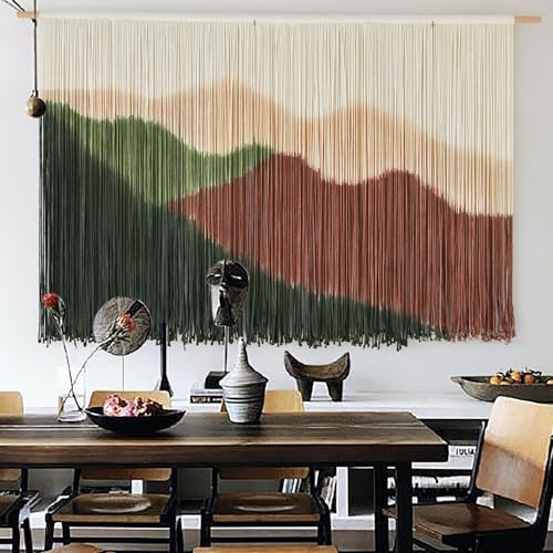 IOWER Macrame Wall Hanging Large Mountain Landscape Boho Wall Art Craftmanship Handmade Home Wall Decor for Living Room Bedroom Apartment Dorm 57" W x 35" L - color: Brown and Green