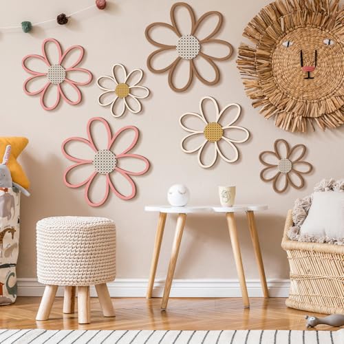 Thyle 6 Pcs Daisy Wall Decor Wooden Daisy Wall Sculptures Art Flowers Signs Hanging Plaque for Home Nursery Bedroom Farmhouse Bathroom Decorations Housewarming Gifts(Warm Color) - color: Warm Color