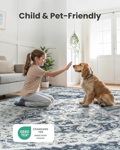 AMADA HOMEFURNISHING 8x10 Area Rug, Washable Low-Profile Large Area Rug with Non-Slip Backing & Durable Edge Binding, Vintage Large Rugs for Living Room, Bedroom - color: Navy/Blue, size: 8' x 10' (Rectangular)