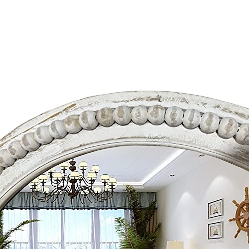 dwellington Rustic Round Wall 24 Inch Wood Circle Mirror with Beads, Decorative Farmhouse Mirror for Living Room, Bedroom, Kitchen, Entryway (White)