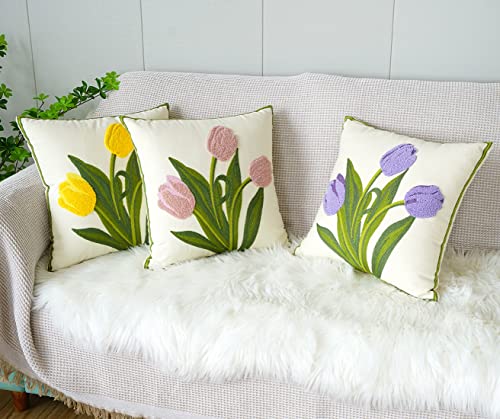 vctops Farmhouse Tulip Cotton Tufted Throw Pillow Cover Spring Floral Embroidery Pillowcase Soft Square Cushion Case for Sofa Couch Bed Chair (Yellow,18"x18") - color: Yellow