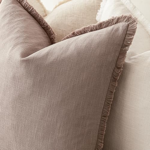 Foindtower Set of 2 Decorative Linen Fringe Throw Pillow Covers Boho Farmhouse Cushion Cover with Tassels Soft Accent Pillowcase for Couch Sofa Bed Living Room Home Decor,16×16 Inch,Dusty Pink - color: Rose Dust, size: 16" x 16" (Pack of 2)