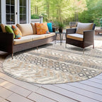Rugshop Distressed Geometric Indoor/Outdoor Beige Round Area Rug Modern Tribal Stripe, Durable Stain Resistant Perfect for Patio, Backyard, Deck and Outdoor Lounge 8' Round - size: 7'10" x 7'10" (Rectangular)