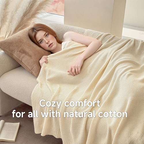 Simple&Opulence 100% Cotton Blanket King Size, Solid Color Cable Knitted Blanket Super Soft Comfortable Breathable Decorative Farmhouse for Couch Sofa Bed, All Season Use(White,104x90) - color: White, size: King Size 104x90"