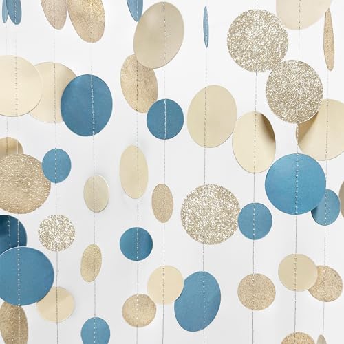 Champagne Gold Dusty Blue Beige Circle Dot Garland Hanging Paper Polka Dot Streamer for Men Boy Birthday Baby Shower Wedding Bridal Shower Retirement Engagement Bachelorette Party Decorations Supplies - color: Dusty Blue Champagne