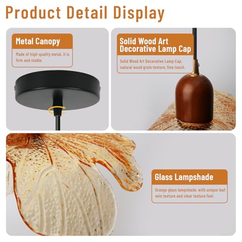 Amber Glass Pendant Light Vintage Kitchen Island Over Hanging Lights 13-inch Glass Shade Natural Wood Chandelier for Living Room Dining Room Bedroom, 1-Light - color: Amber, 1 Light