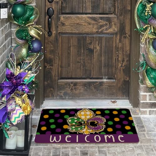 Mardi Gras Door Mat,Green Alligator New Orleans Carnival Masquerade Mask Beads Indoor Outdoor Non-Slip Doormat,Entryway Front Porch Welcome Mat for Entrance Decor 30" x 17" - color: Mardi Gras Doormat 4