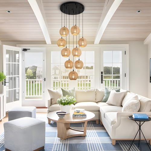 Round 9 Light Boho Pendant Light Rattan Hanging Lamp Hand Woven Wicker Small Chandelier Hanging Lights Fixture for Bedroom Kitchen Hallway Foyer - size: Round 9 Lights