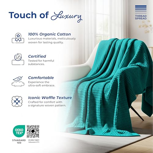 THREAD SPREAD 100% Cotton Waffle Twin Size Blanket for Bed - Soft Lightweight Breathable Waffle Weave Twin Blanket for All Season, Textured Throw Blankets for Bed, Sofa, Hotel, Hospital - Teal - color: Waffle - Teal, size: Twin / Twin XL