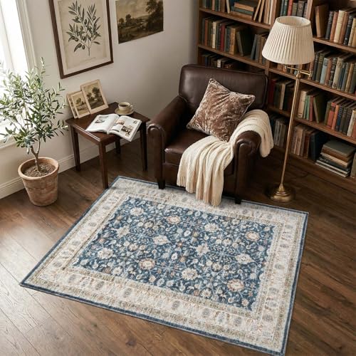 jinchan 3x5 Washable Vintage Area Rug, Distressed Traditional Floral Entryway Accent Rug, Soft Low-Pile Non-Slip Floor Mat for Indoor Foyer, Kitchen Sink Bedroom Bathroom Vanity, Blue - color: Oriental Beige on Dark Blue, size: 3' x 5' (Rectangular)