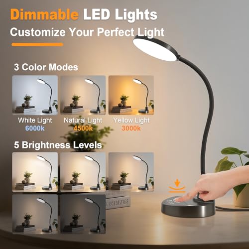 15W LED Desk Lamp with USB Charging Ports – Dimmable Table Lamp with 3 Color Temps, 5 Brightness, 4 Timers, Flexible Gooseneck Light with Base, Eye-Caring Reading Light for Home Office, Bedroom, Study - color: Black, size: 4.7'' Lamp