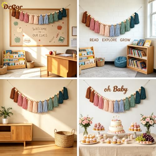 DrCor Boho Tassel Garland – Earth Tone Bulletin Board Decor for Classroom, Nursery, Kids Room, Teacher Classroom Decorations, Back to School, Baby Shower & Birthday Party Backdrop - color: Earth Tone
