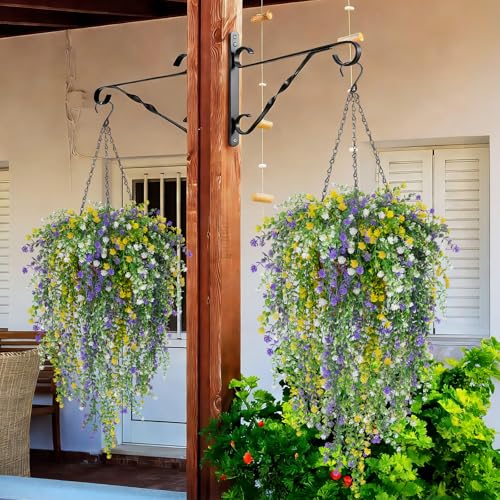 2 Set Artificial Flower Hanging Baskets for Outdoors, 20Pcs Fake Hanging Plants, Outdoor Faux Flowers UV Resistant for Spring Summer Porch Patio Garden Home Decoration (White+Purple+Yellow) - color: White+purple+yellow
