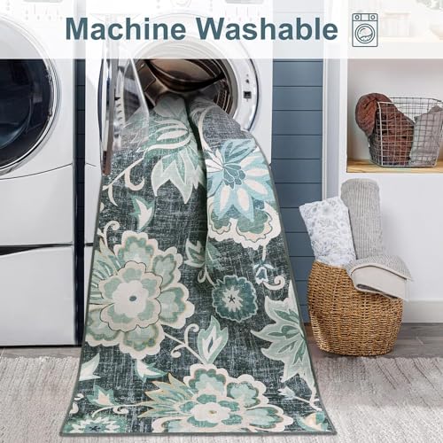 Beeiva Floral Carpet Runner Non Slip, Vintage Washable 2.5x12 Rug Runners for Hallways Non Slip, Ultra Thin Printed Distressed Blue Hallway Rug for Bedroom Bathroom Laundry - color: Blue, size: 2'5" x 12' (Rectangular)