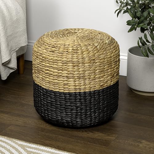 JONATHAN Y Aimee 16" Handwoven Water Hyacinth Round Pouf Ottoman, Bohemian Two-Tone Black and Natural Decorative Footstool for Living Room, Bedroom, Entryway TBL2500A - color: Black/Natural - Two Tone