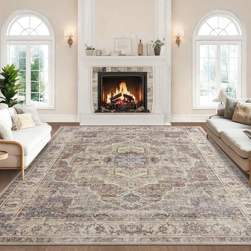 Area Rug for Living Room - Mechine Washable Non-Slip Vintage Rugs for Bedroom - Low Pile Thin Large Floor Carpet for Dinning Room Home Office (Vintage Brown, 9'x12') - color: Vintage Brown, size: 9' x 12' (Rectangular)