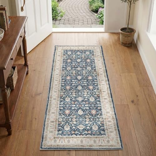 jinchan 2x5 Washable Vintage Runner Rug, Distressed Traditional Floral Hallway Runner, Soft Low-Pile Non-Slip Floor Mat for High-Traffic Kitchen Entryway Laundry Room Bathroom Vanity, Blue - color: Oriental Beige on Dark Blue, size: 2' x 5' (Runner)