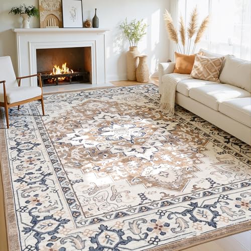 8x10 Area Rugs for Living Room, Floral Vintage Washable Rugs, Soft Boho Non-Slip Low Pile Carpets, Large Area Rug for Dining Room Bedroom Farmhouse Home Indoor Nursery, Brown Cream - color: Brown Cream, size: 8' x 10' (Rectangular)