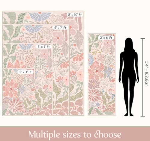 MUJOO Pink 2x3 Washable Rug Floral Small Area Rugs for Entryway Kitchen Bathroom,Non Slip Throw Carpet for Bedroom Entrance Door Mat Boho Modern Abstract Botanical Flower - color: Pink, size: 2' x 3' (Rectangular)