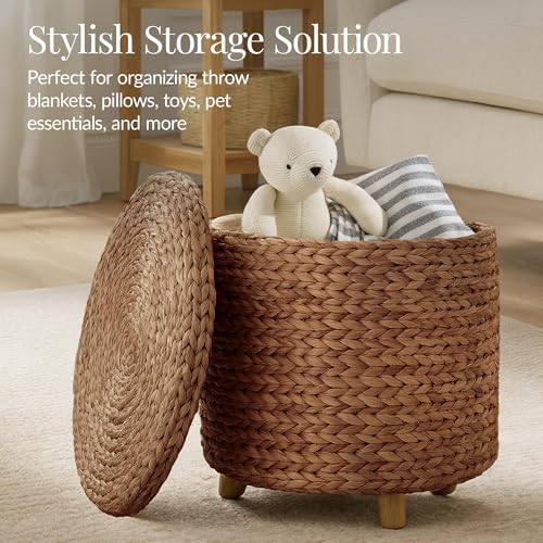 Best Choice Products 17" Round Storage Ottoman W/Lid, Handwoven Water Hyacinth Footstool, Footrest w/Wooden Legs, Accent Side Table, Storage Container, Plant Stand - Chestnut - color: Chestnut