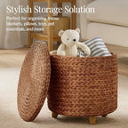 Best Choice Products 17" Round Storage Ottoman W/Lid, Handwoven Water Hyacinth Footstool, Footrest w/Wooden Legs, Accent Side Table, Storage Container, Plant Stand - Chestnut - color: Chestnut