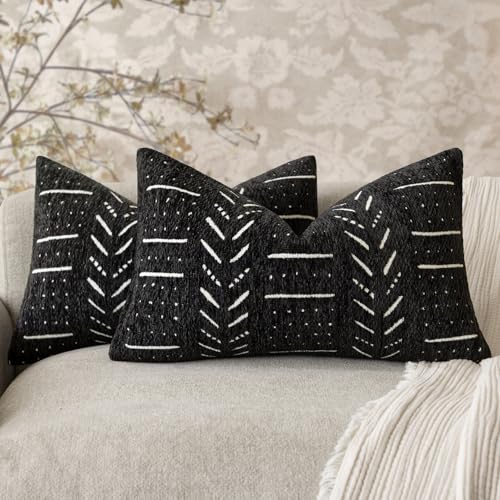 Home Décor Decorative Boho Chenille Throw Pillow Covers,Neutral Cozy Lumbar Cushion Covers,Textured Soft Farmhouse Pillowcase for Couch Sofa Chair Bed Living Room,12×20 Inch, Set of 2, Black - color: Black, size: 20" x 12" (Pack of 2)