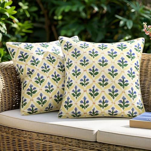 MIULEE Floral Decorative Pillow Covers Set of 2,Block Print Throw Pillowcases Outdoor Boho Farmhouse Vintage Summer Accent Cushion Covers for Couch paito Garden Sofa Bed 18x18 Inch, Yellow-Blue - color: Yellow-blue, size: 18" x 18" (Pack of 2)