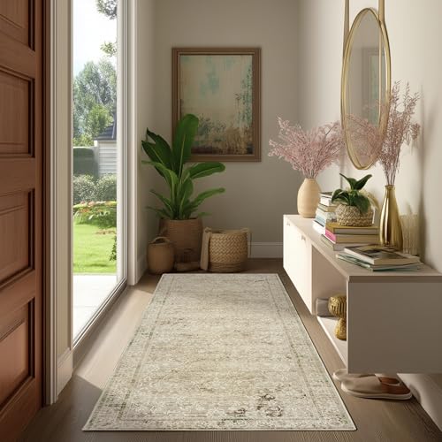 Neutral Farmhouse Hallway Rug Runner 2x6 Washable Non Slip Rubber Backing Vintage Modern Boho Runners Rugs for Entryway Indoor Kitchen Bathroom,Tan Brown and Cream Beige - color: Cream&light Tan, size: 2' x 6' (Rectangular)