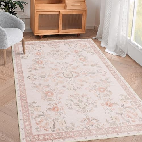 MUJOO 3x5 Rug Washable,Pink Floral Area Rugs for Bedroom Bedside Entryway Living Room Kitchen,Boho Small Indoor Floor Rug Non Slip Throw Carpet Low Pile Vintage - color: Pink, size: 3' x 5' (Rectangular)