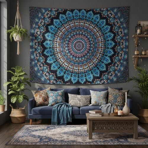 Motanber Blue Mandala Tapestry Wall Hanging Vintage Medallion Tapestry Aesthetic Hippie Boho Floral Cool Cute Large Tapestries for Bedroom Living Room Dorm Wall Decor 80 x 60 Inch - color: Navy Blue, size: 80"L x 60"W
