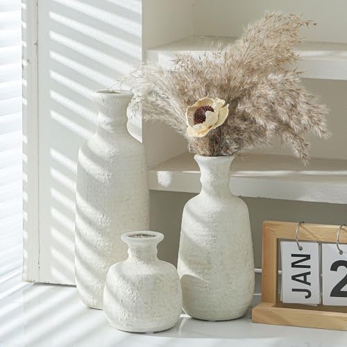 Ceramic Vase Set of 3, Neutral Rustic Vases Home Decor Farmhouse Decorative Vase Whitewashed Pottery Decor Boho Modern for Table Mantel Entryway Bookshelf Living Room Kitchen Bathroom Bedroom - White - color: 011 Vase Set - White