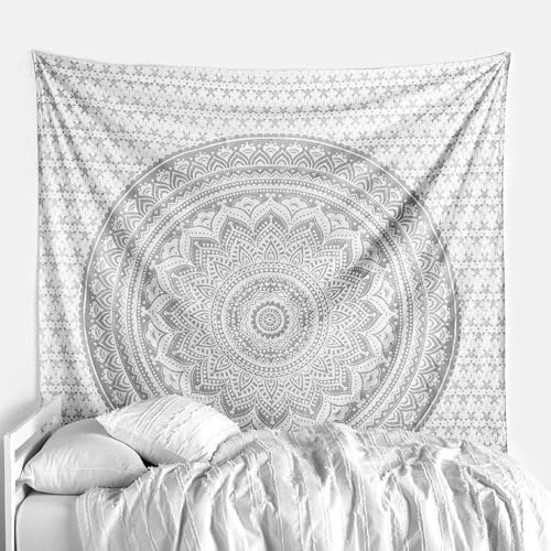 THE ART BOX Glittering Silver Grey Tapestry Wall Hanging Mandala – Bohemian Room Decor – Cotton Throw Tapestry – Medium Bedspread 54x60 Inches - color: Silver and White, size: 54"L x 60"W