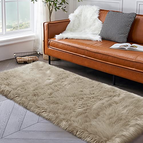 Beige Fluffy Rug for Bedroom, 2'X6' Faux Fur Rug for Runner, Soft Shag Rug for Sofa Couch Cushion, Cozy Shaggy Fuzzy Plush Floor Carpet for Nursery, Cute Bedside Dorm Home Decor Rectangle - color: Beige, size: 6' x 2' (Rectangular)