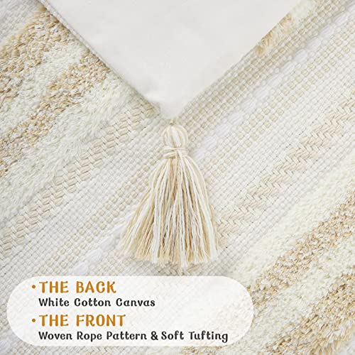 decorUhome Summer Decorative Boho Throw Pillow Covers 18x18 Set of 2, Accent Neutral Textured Tufted Pillow Covers Striped for Couch Bed Sofa Living Room, Khaki and Cream White - color: Khaki and Cream White, size: 18" x 18" (Pack of 2)