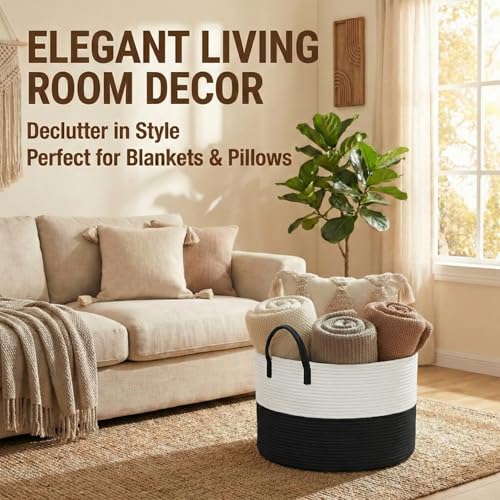 JMvicyroam 115L Extra Large Blanket Basket for Living Room - Woven Cotton Rope Laundry Hamper with Reinforced Handles - Storage Bin for Pillows, Comforters & Toys - Machine Washable,White&Black - color: White&Black, size: 115L