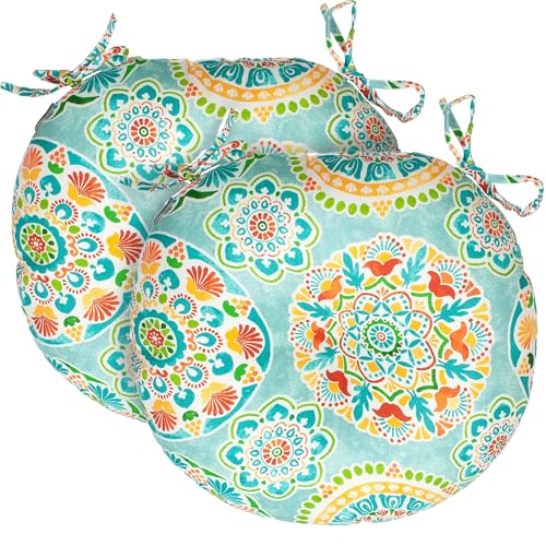 FUNHOME Outdoor Round Bistro Seat Cushions with Ties, Fluffy Tufted Patio Chair Pads 15"x15"x4", Set of 2 Water-Resistant Round Outdoor Chair Cushions for Home Garden Cyan Circle - color: Green Circle
