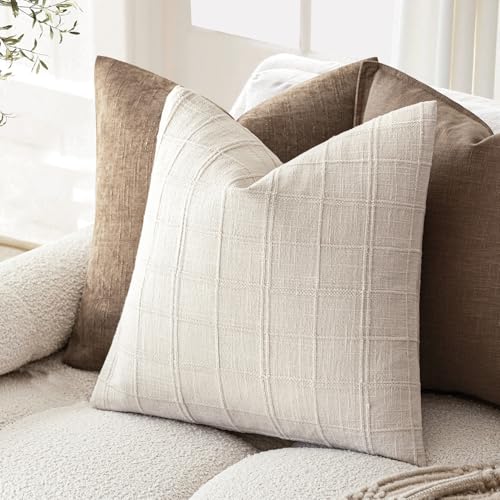 Foindtower Set of 1 Decorative Linen Check Throw Pillow Cover Neutral Farmhouse Vintage Cushion Cover Modern Boho Home Decor for Sofa Chair Couch Bedroom Living Room Outdoor,16×16 Inch,Natural Beige - color: Beige, size: 16" x 16" (Pack of 1)