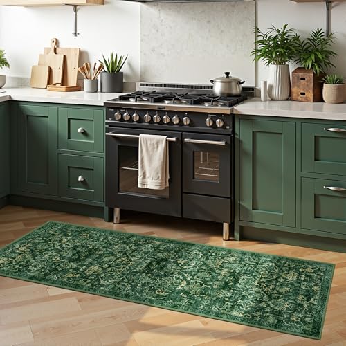 Dark Green 2x6 Runner Rug for Hallways Bed Side Kitchen, Boho Washable Distressed Low-Pile Floor Entryway Long Bathroom Mat, Non-Slip Laundry Room Washstand Front Carpet Green 24x72 Inch - color: Dark Green, size: 2'x6'