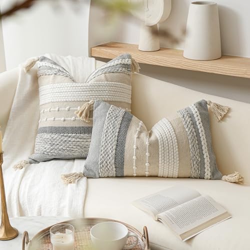 BlissBlush Decorative Lumbar Throw Pillow Cover 12x20 Boho Gray Accent Cushion for Couch Sofa Farmhouse Pillowcase for Bedroom Living Room Home Décor Cover ONLY - color: Gray, size: 20" x 12" (Pack of 1)