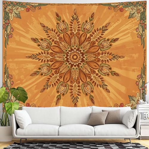 Accnicc Boho Floral Mandala Tapestry for Bedroom Bohemian Flower Wall Tapestry Aesthetic Extra Large Vintage Orange Hippie Indian Tapestries Wall Hanging for Living Room Dorm Decor 90 x 68 Inch - color: Orange Red, size: 90"L x 68"W