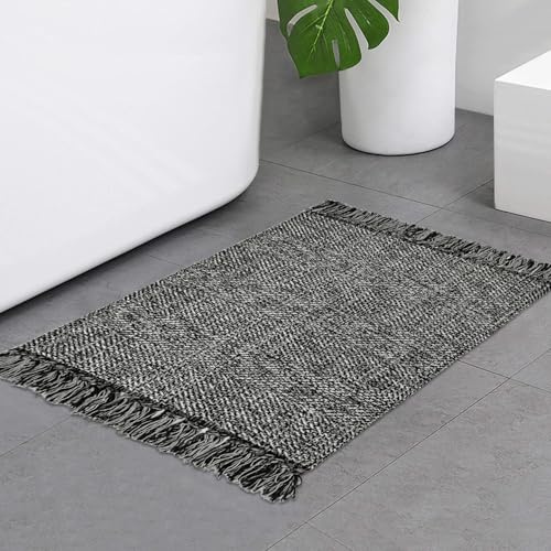 Collive Black Bathroom Rug, 2' x 3' Hand-Woven Washable Small Kitchen Rugs, 45% Cotton, 45% Polyester, 10% Viscose - Cotton Reversible Entryway Rug Modern Farmhouse Carpet for Foyer Bedroom Back Door - color: Black/Cream, size: 2' x 3' (Rectangular)