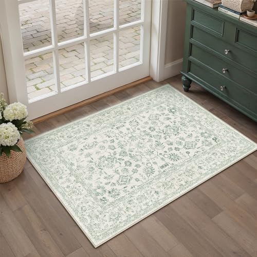 PureCozy 2x3 Green Entryway Area Rug Machine Washable Door Mat Kitchen Vintage Distressed Non Slip Carpet Indoor Retro Floral Accent Throw Small Rug for Bathroom Office Bedroom Living Dining Room - color: Green, size: 2' x 3' (Rectangular)