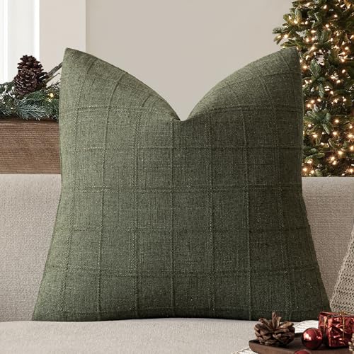 Foindtower Set of 1 Decorative Linen Check Throw Pillow Cover Neutral Farmhouse Vintage Cushion Cover Modern Boho Home Decor for Sofa Chair Couch Bedroom Living Room Outdoor,16×16 Inch,Olive Green - color: Capulet Olive, size: 16" x 16" (Pack of 1)
